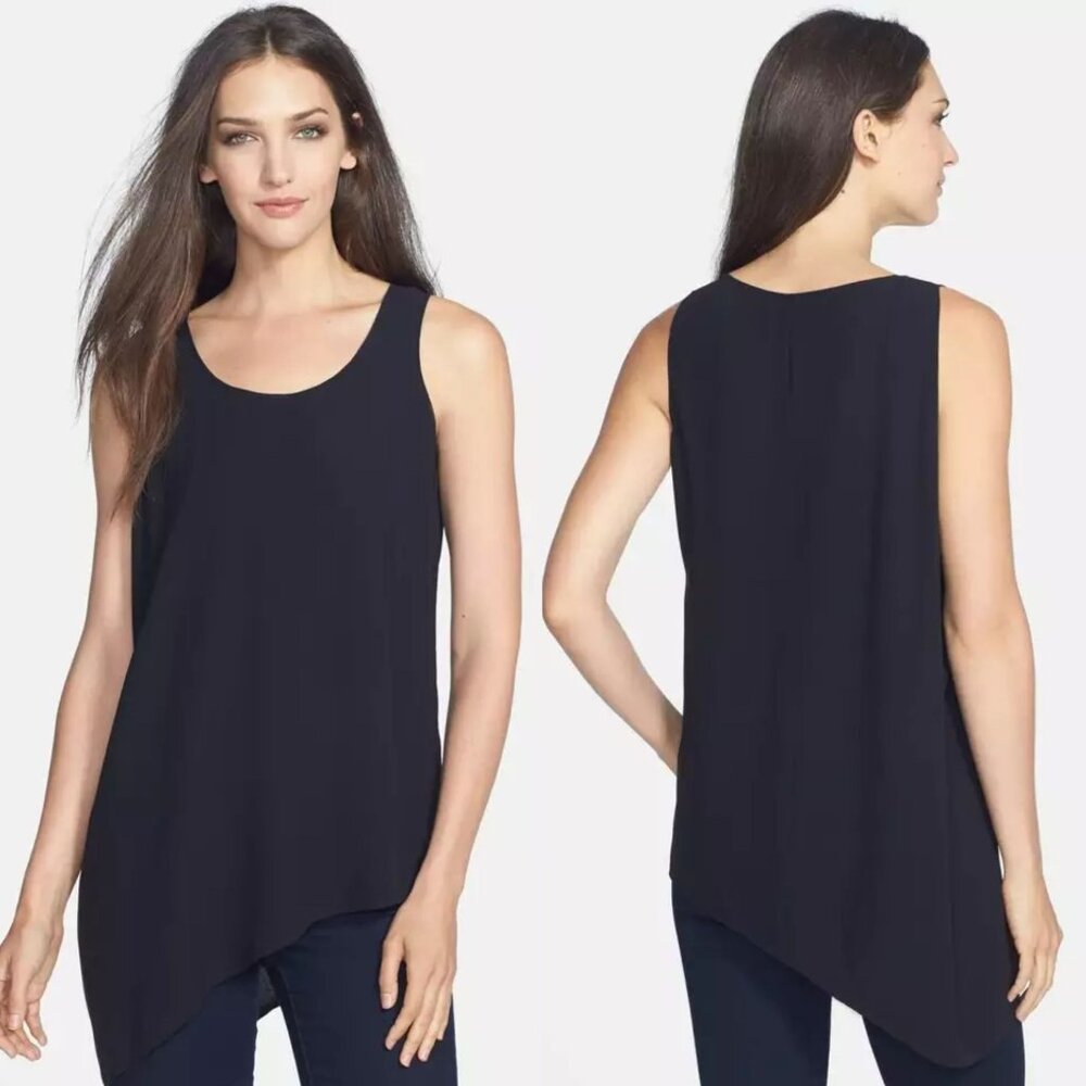 Eileen Fisher Size L Black 100% Silk Asymmetrical Side Drape Sleeveless Tank Top